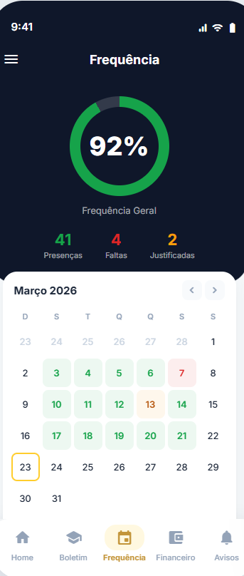 Tela de frequência com calendário mensal